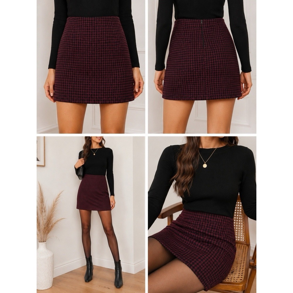 Margaret M Petites Womens MP Burgundy Black Houndstooth A-Line Mini Skirt Canada